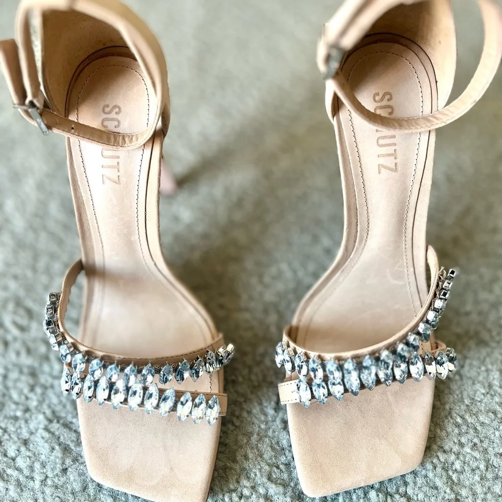 SCHUTZ Linsey Crystal-Embellished Nubuck Women's Open-Toe Heel Size 8.5 Like New - Picture 2 of 14
